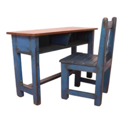 Ancien set pupitre et - chaise bleue
