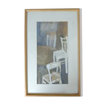 Œuvre originale aquarellée - bois chaises table