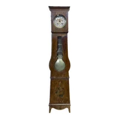 Horloge comtoise XIXème en sapin, cadran d'horloge avec chiffres émaillés