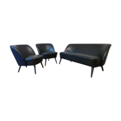 Salon canapé 2 fauteuils - chauffeuses cuir noir