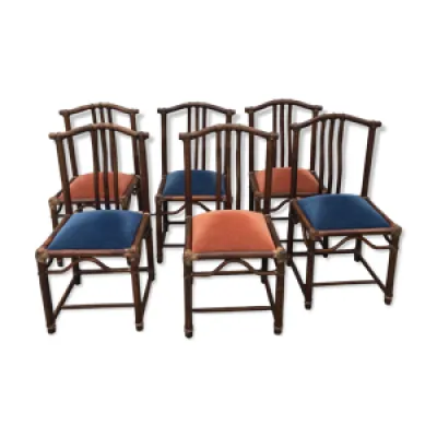6 chaises bambou cuir - 1980