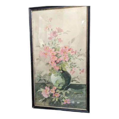 Tableau aquarelle xixème - vase bouquet