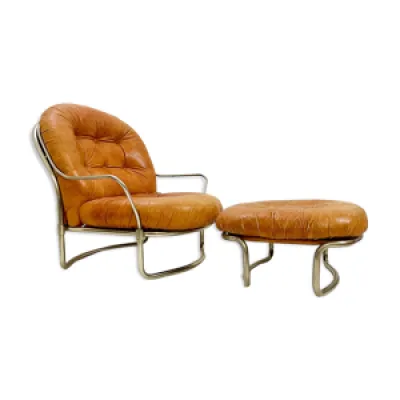 fauteuil en cuir & ottoman,