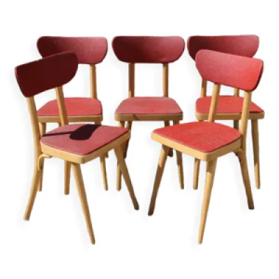 5 chaises hêtre clair - rouge 1950