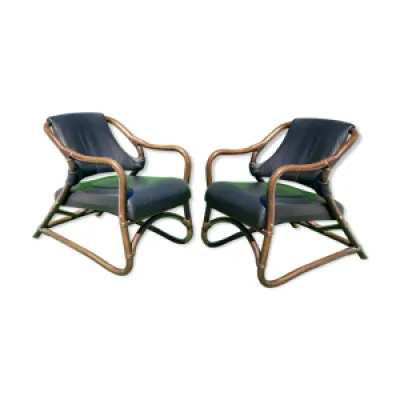 Paire de chaises longues - bambou cuir