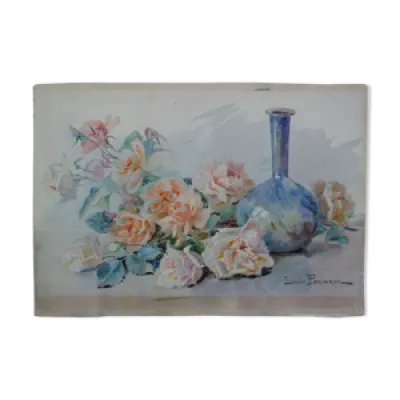 Aquarelle ancienne roses - vase