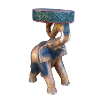 Tabouret elephant trompe - bois polychrome