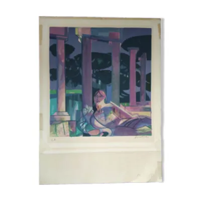 Femme en violet lithographie - main