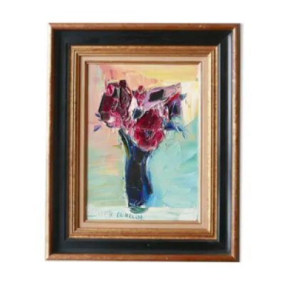 Peinture à l'huile signée - bouquet fleurs