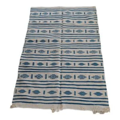 tapis kilim blanc et - bleu laine