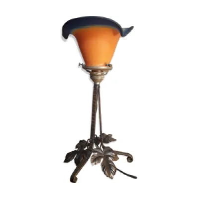 Lampe 1930  fer forge - tulipe verre