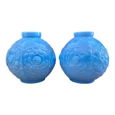 Paire de vase boule art - opaline bleu
