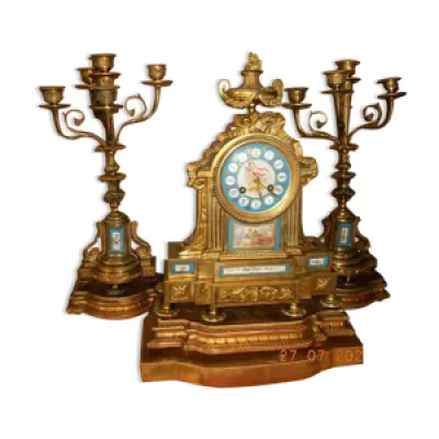 Garniture horloge+flambeaux - bronze porcelaine paris