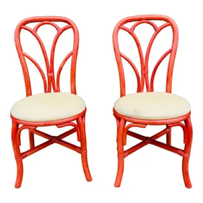 Paire de chaises rotin - tissu rouge
