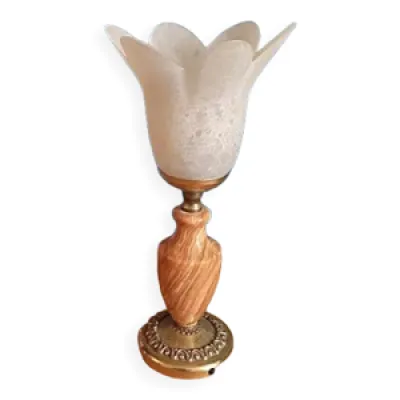 Lampe chevet pied marbre - laiton tulipe verre