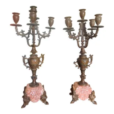 Paire chandeliers anciens - marbre rose