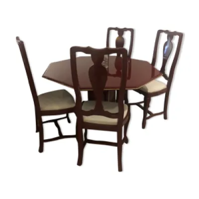 Table octogonale laque - bordeaux chaises