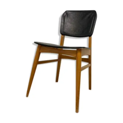 Chaise vintage : bois - cuir skai noir