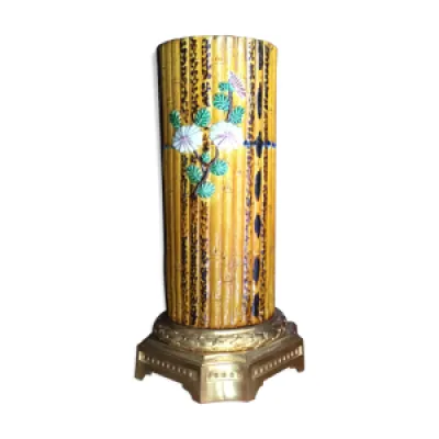 Vase chinois en faience - bambou pied bronze