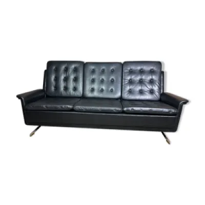 Canapé vintage 60's - cuir noir pieds
