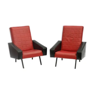 Paire de fauteuils vintage - cuir noir rouge