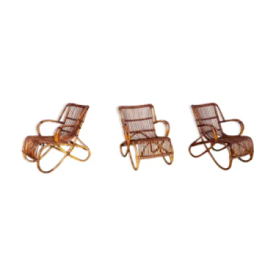 Trio de 3 fauteuils chaises - 1950 rotin