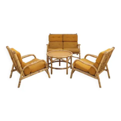 Salon canapé, 2 fauteuils - 1950 table rotin