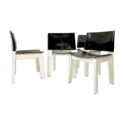 4 chaises en cuir noir - blanc bois