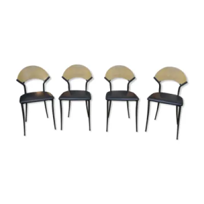 Lot de 4 chaises vintage - assise cuir noir