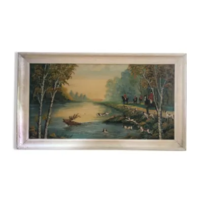 Ancien tableau huile - chasse
