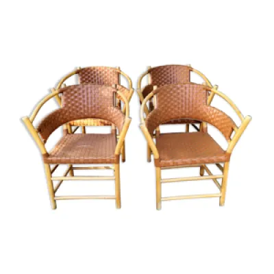 4 fauteuils en bambou - cuir