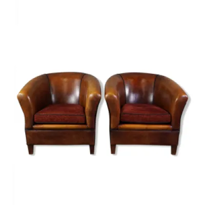 Set de 2 fauteuils club - coussins cuir