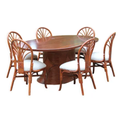 Ensemble table et 6 chaises - rotin bois