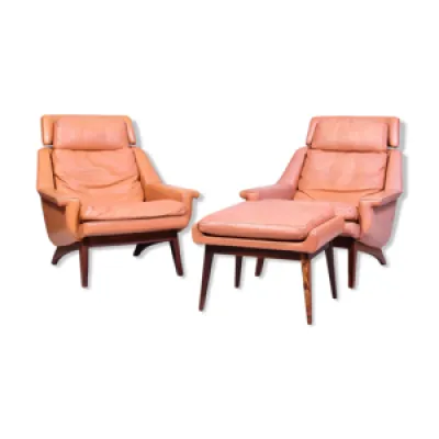 fauteuils et ottoman - cuir palissandre