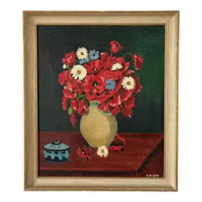 Tableau ancien peinture - bouquet fleurs