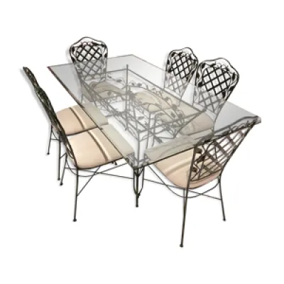 Table en fer forgé avec - plateau verre chaises