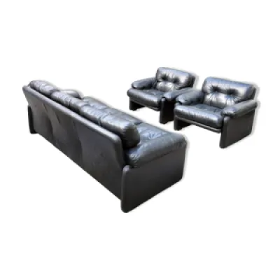 Canapé en cuir noir - deux fauteuils