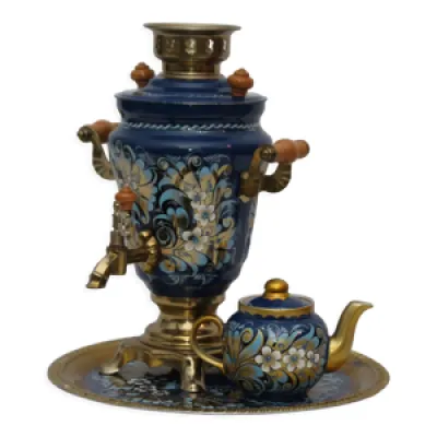 Samovar bleu doré emaillé - porcelaine motif