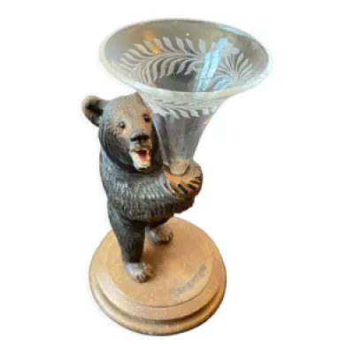 Vase ours en bois sculpté - cristal noir