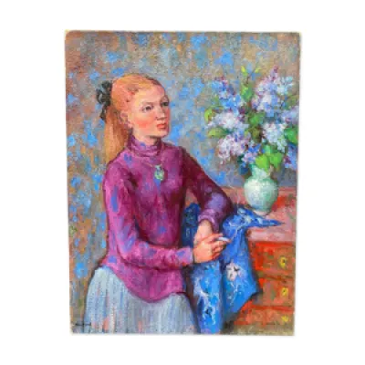 Jeune femme au bouquet - fleurs pierre