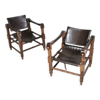 Paires de fauteuils style - safari bois cuir