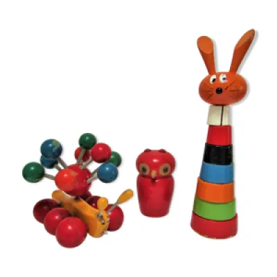 Trois jouets bois chouette - lapin