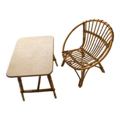 Chaise coquille et table - enfants rotin