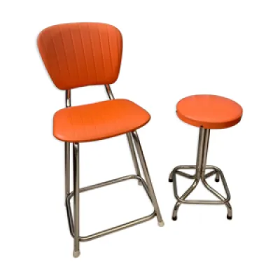 Duo de chaise et  tabouret - 1970 orange