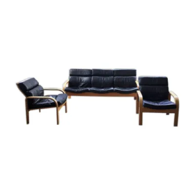 Canapé et fauteuils - bois cuir