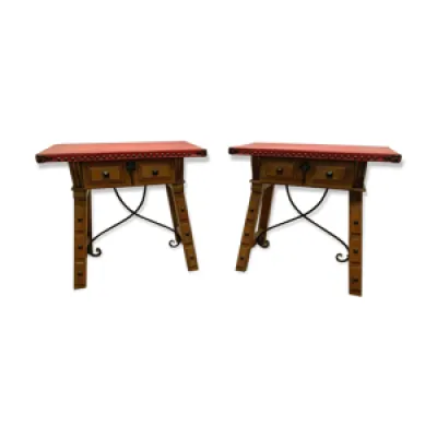 Paire de tables basses - bois cuir rouge