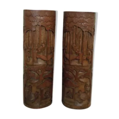 Deux pots en bambou sculpté, - chine paire