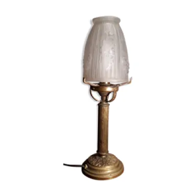 Lampe laiton pied bronze - feuille verre