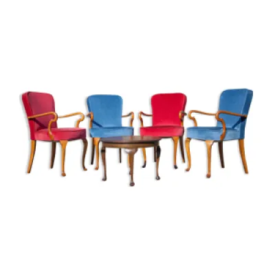 Salon anglais 4 fauteuils - table basse bleu