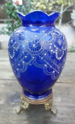 Vase verre Bleu  émaillé - dentelle